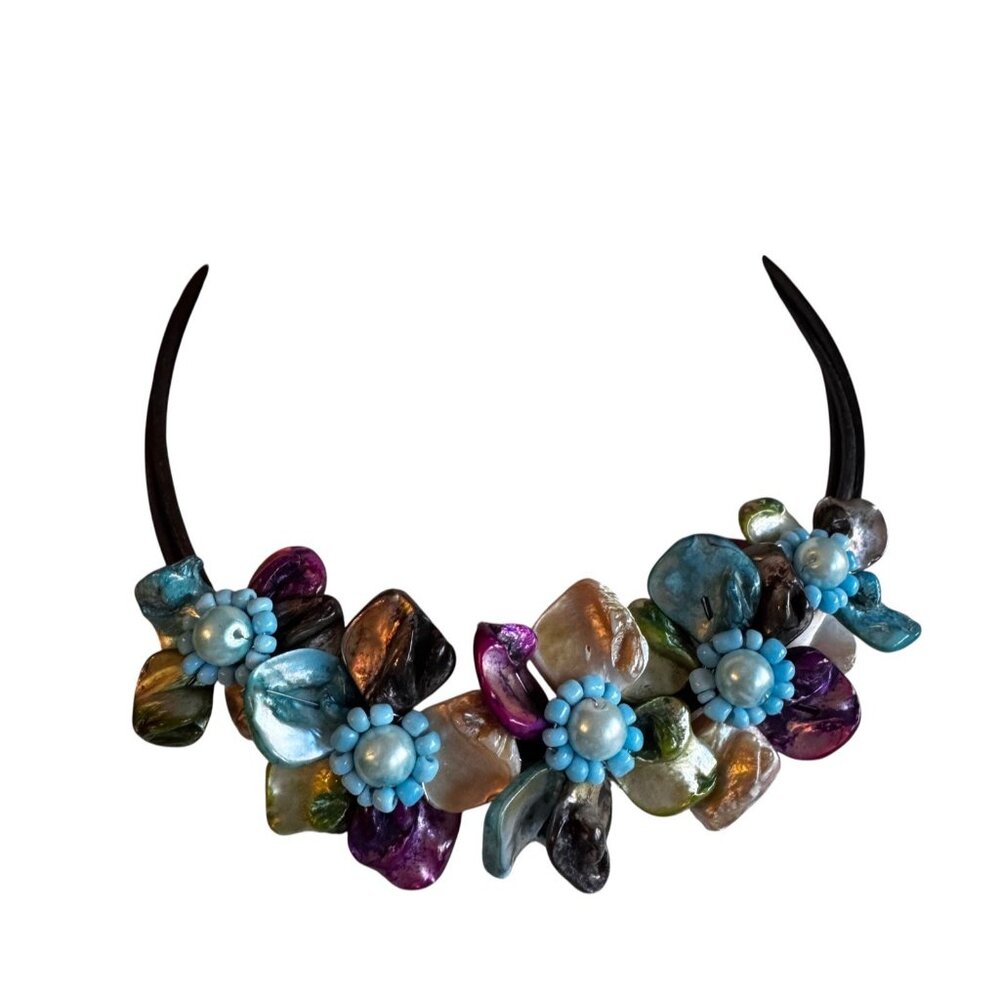 Ocean Bouquet Shell  Pearl Floral Choker Wrap Necklace Black leather cord